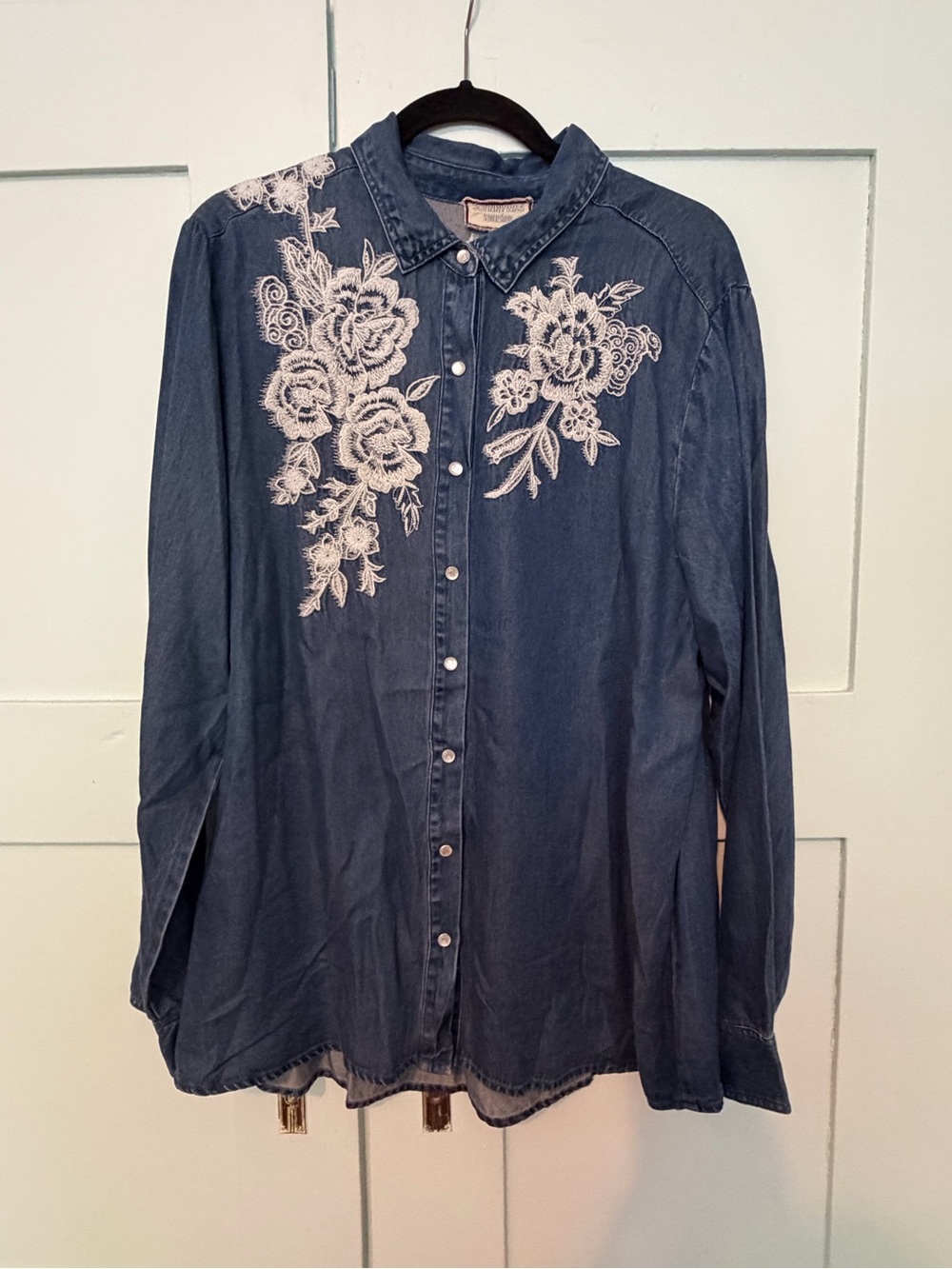 Johnny Was Blue Denim Shirt with White Embroidery